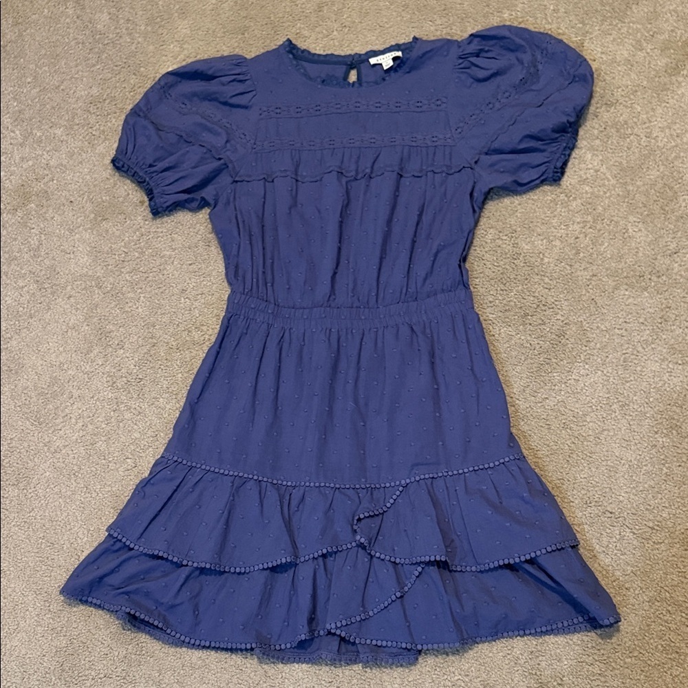 Stellah Periwinkle Blue Textured Dress with Puffed Sleeves and Ruffled Hem